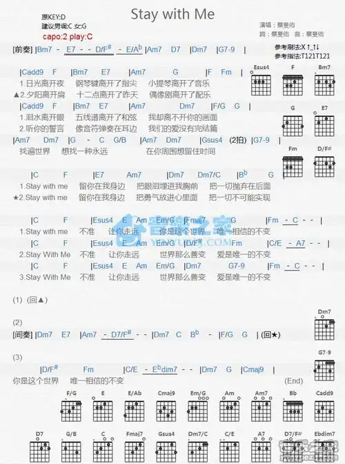 蔡旻佑staywithme吉他谱c调吉他弹唱谱和弦谱