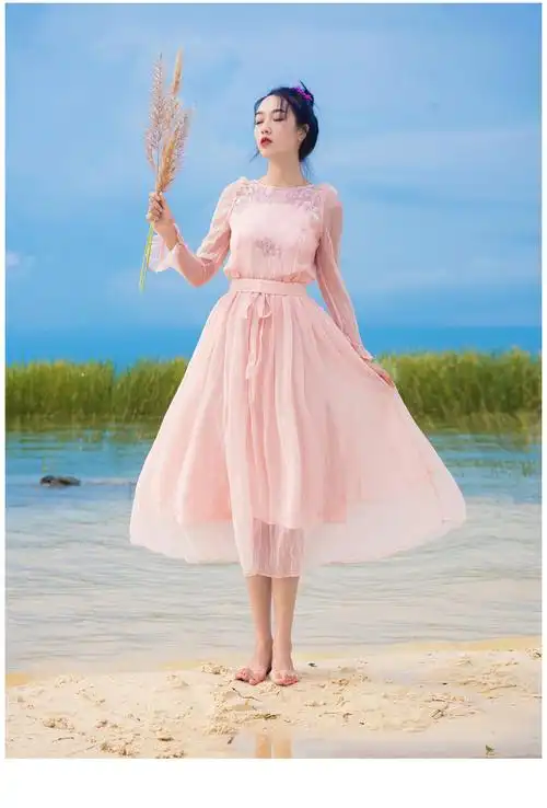 欧菲鸟品牌连衣裙文艺范甜美粉色绣花喇叭初高中礼演出服大摆飘逸长裙