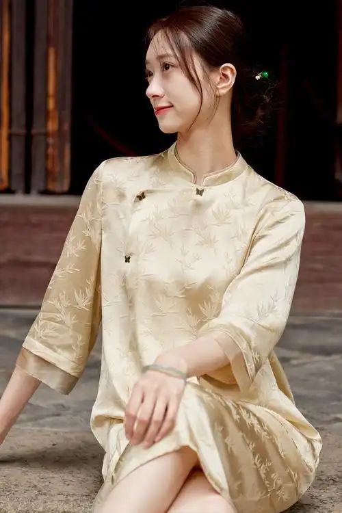 清雅丝竹新中式真丝提花缎短袖松身旗袍连衣裙 - 17网