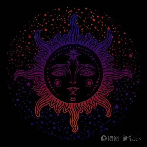 复古插图脸的太阳纹身复古图形. 矢量图.