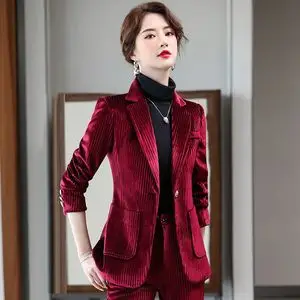 酒红色金丝绒西装套装女韩版休闲职业装气质高端灯芯绒小西服套装