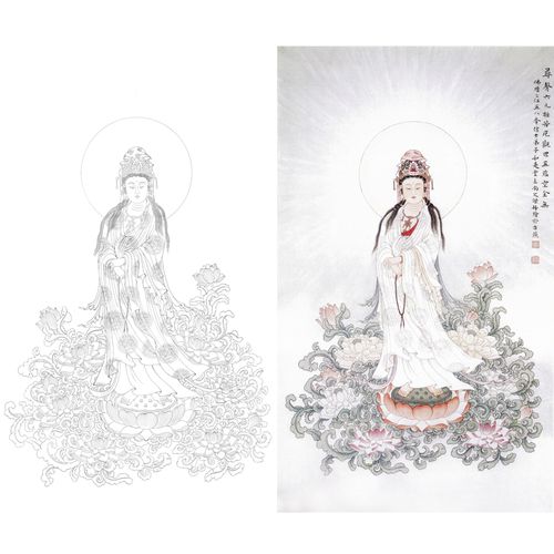 观音像工笔画白描底稿线描国画稿神仙勾线练习大尺寸可选打印画稿
