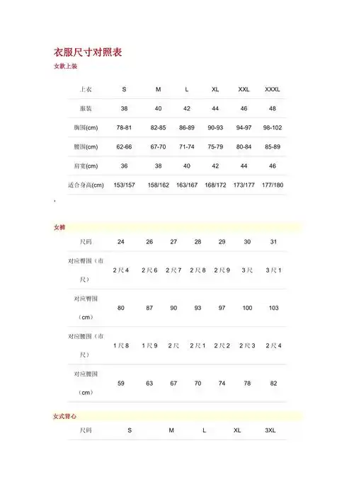 衣服尺寸对照表doc