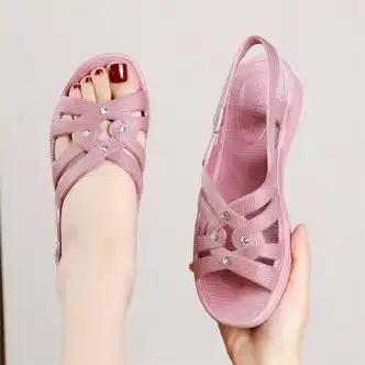 恩若凡妈妈凉鞋5060岁女夏中年平底中跟软底孕妇鞋粉紫色38偏小一码