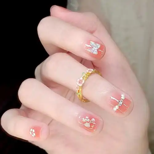 夏日新款穿戴美甲清透珍珠蝴蝶美甲片穿戴式指甲贴24片成品指甲贴