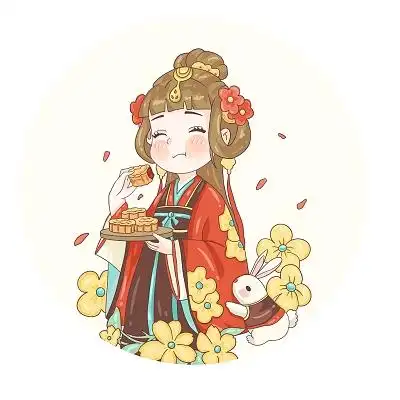 卡通风中秋节嫦娥吃月饼插画元素png