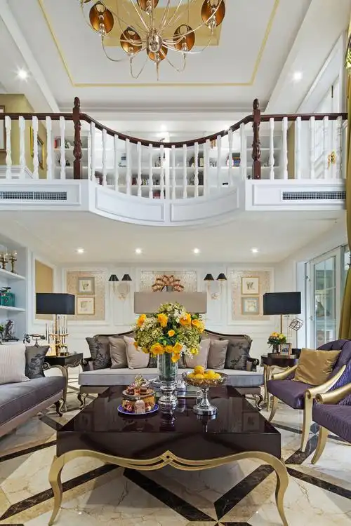 跃层/复式田园客厅装修实景图片欣赏-挑高复式楼田园风格装修效果图