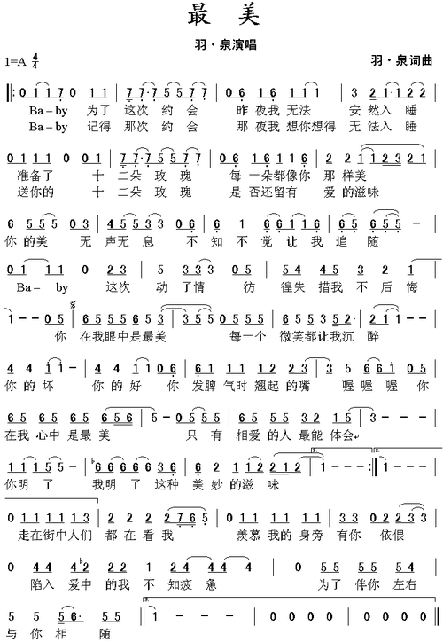 最美[简谱] 曲谱 简谱 歌谱 琴谱 总谱 音乐教程