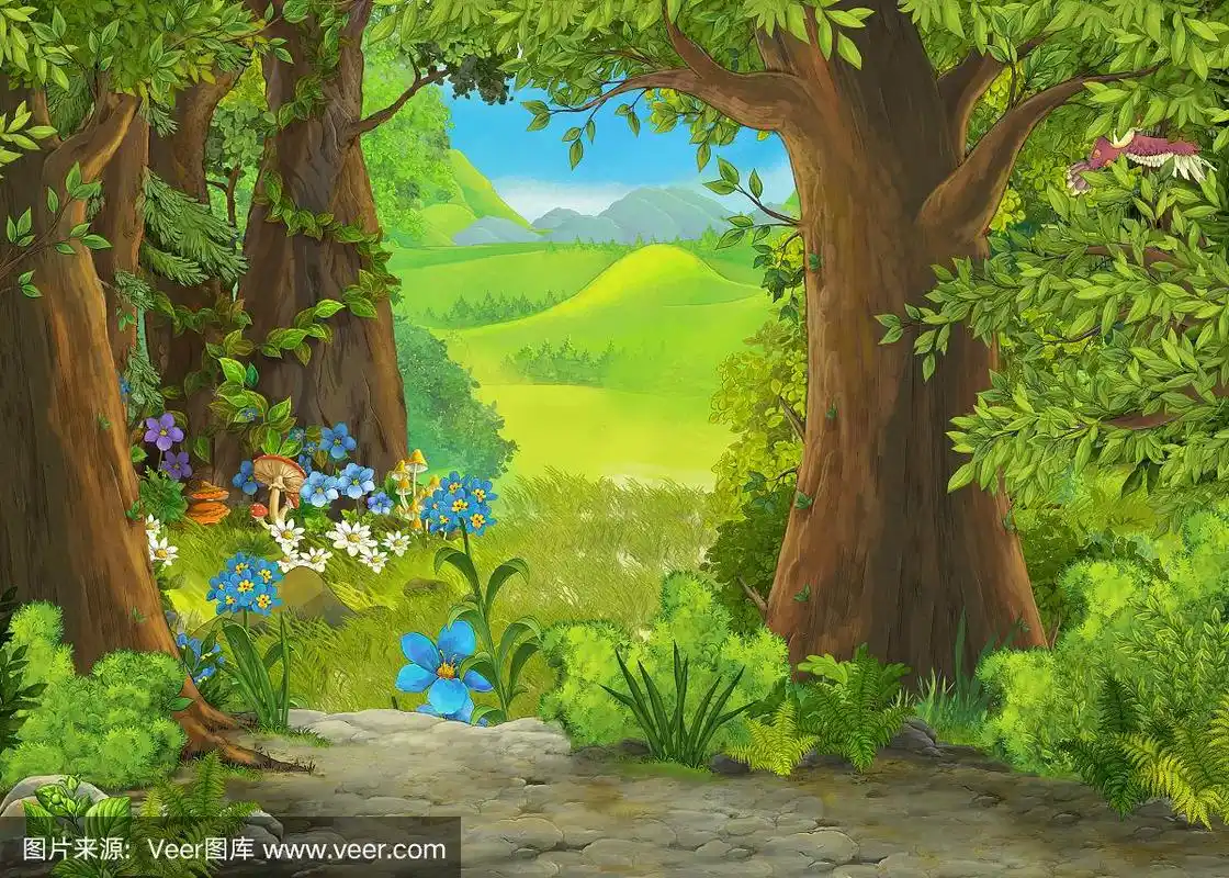 卡通夏季场景与草地在森林