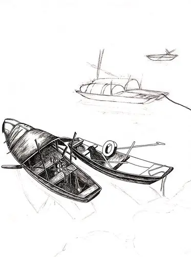 黑白风景绘小渔船