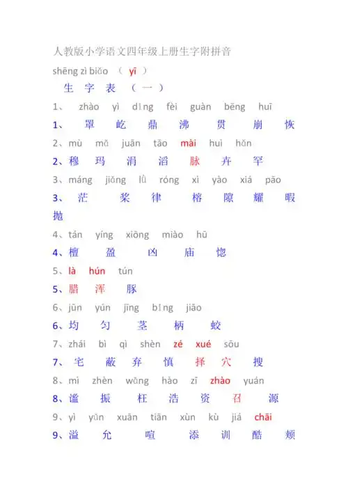 人教版小学语文四年级上册生字附拼音拼音版