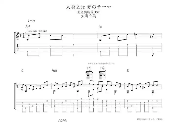 人类之光 爱のテーマ吉他谱_矢野立美 (やの たつみ)_c调指弹 - 吉他