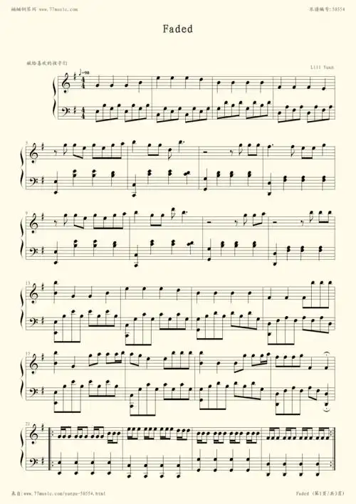 《faded,钢琴谱》alan walker(艾伦·沃克)(五线谱 钢琴曲 指法)-弹吧