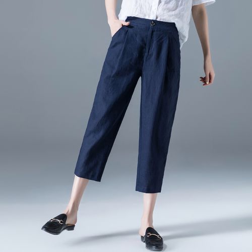 藏蓝色亚麻七分裤女夏薄款冰丝大码7分女裤妈妈休闲哈伦棉麻裤子
