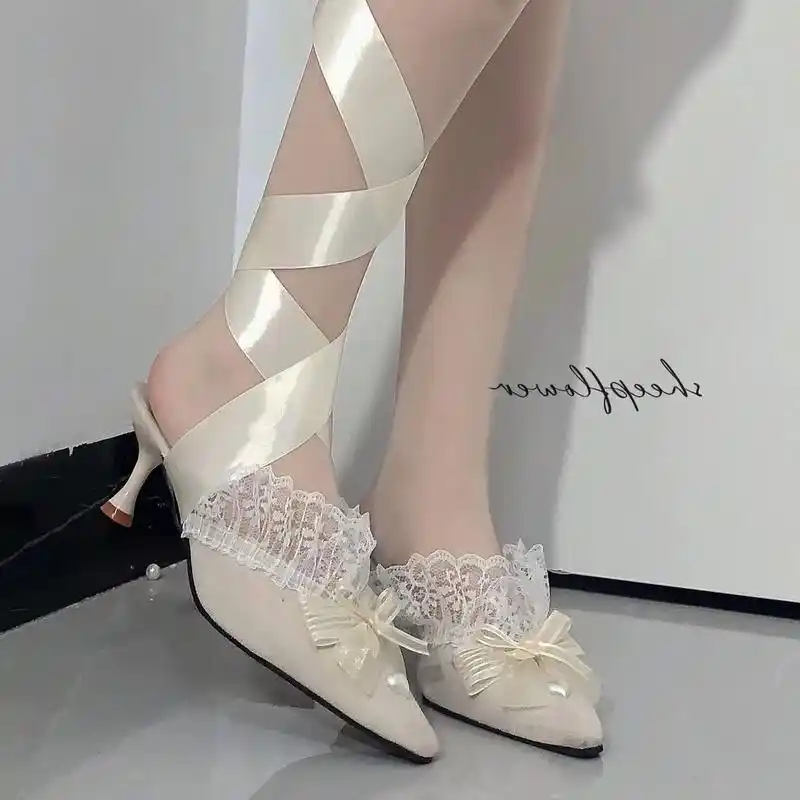 老大/米色高跟穆勒鞋~送的是2.5cm的细丝带,图片展示为4 - 抖音