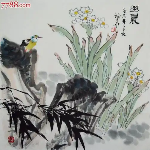 李福华四尺斗花鸟画作品《幽晨》