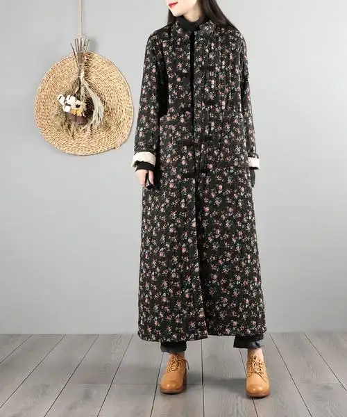 女士穿民族风文艺复古棉麻棉衣外套女中国风盘扣中长款轻薄棉袄棉服