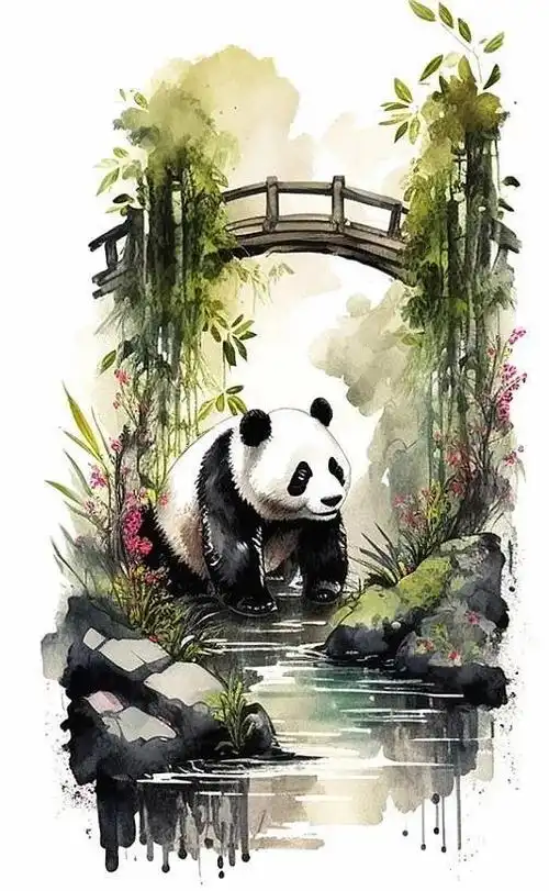 水墨画:可爱的大熊猫看到自己的影子