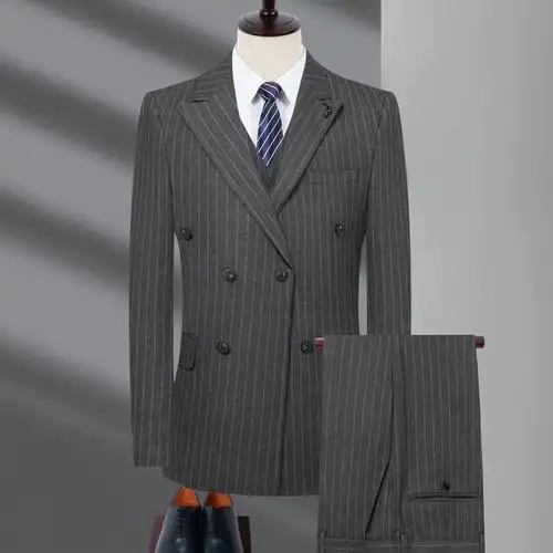 金典英伦双排扣西服套装男戗驳领正装条纹西装全套男新郎结婚礼服