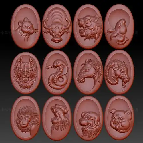 十二生肖玉雕浮雕吊坠一套122三维立体浮雕图3d打印stl格式3d模型淘宝