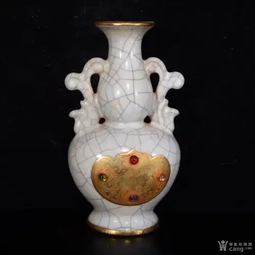 崇宁五年汴京官窑张家造镶嵌宝石包铜葫芦双耳瓶