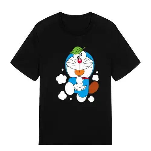 小叮当机器猫多啦恤啦黑色短袖卡通男女情侣衣服t恤