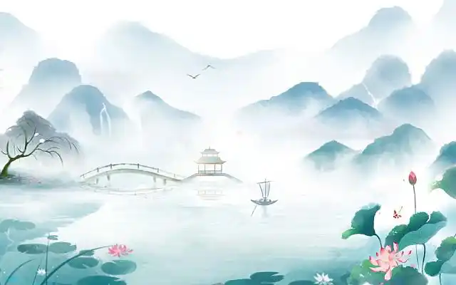 古风意境山水荷花荷叶小船古风中国风唯美山水风景