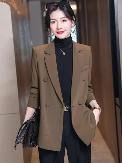 宽松咖啡色西装外套女春秋季气质女神范洋气高级感小西服上衣长袖