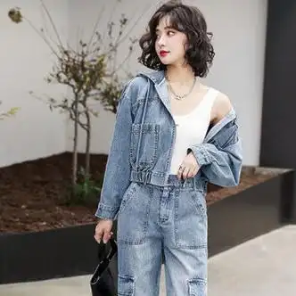 欧货时尚牛仔套装女2021新款韩版洋气工装短外套束脚裤休闲两sn8151