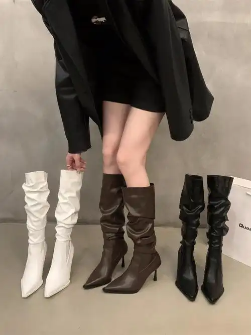 高跟尖头堆堆长筒靴女2023秋冬新款加绒白色瘦瘦靴细跟褶皱骑士靴