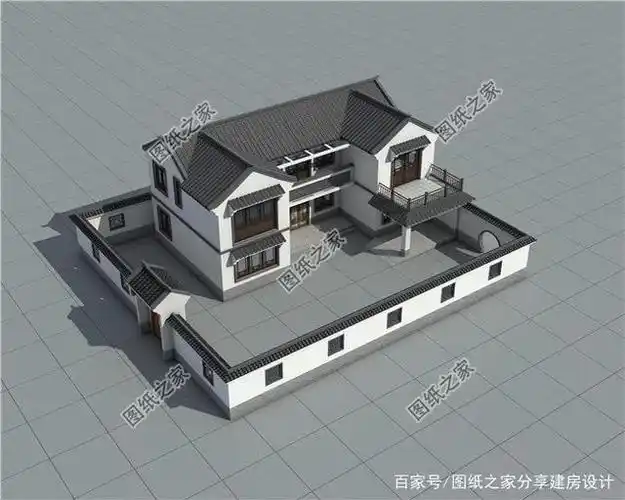农村二层中式小三合院别墅设计图,民族特色风格,百看