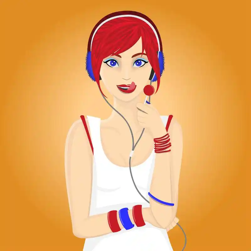 美丽的红头发女孩听音乐和舔棒棒糖的插图