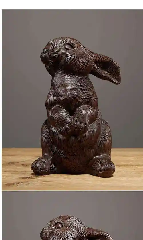 黑檀实木雕刻兔子摆件红木十二生肖可爱兔家居客厅装饰特色工艺品