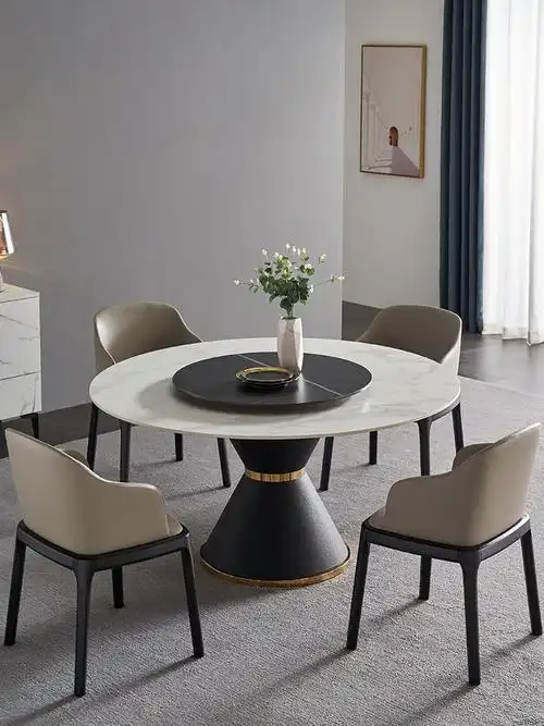 轻奢餐桌椅组合带转盘大小户型家具简约现代意式极简岩板圆形饭桌
