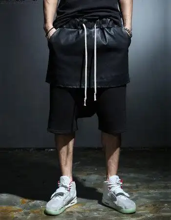 2015新款男士暗黑摇滚朋克假两件拼皮夏季休闲短裤 男 黑色 xxl