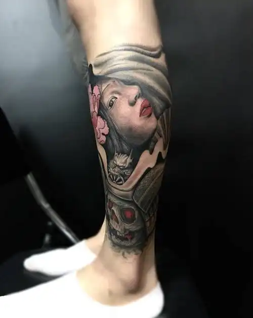 鬼武士纹身图片_成品腿部欧美传统写实人物鬼神呀呀刺青纹身图案