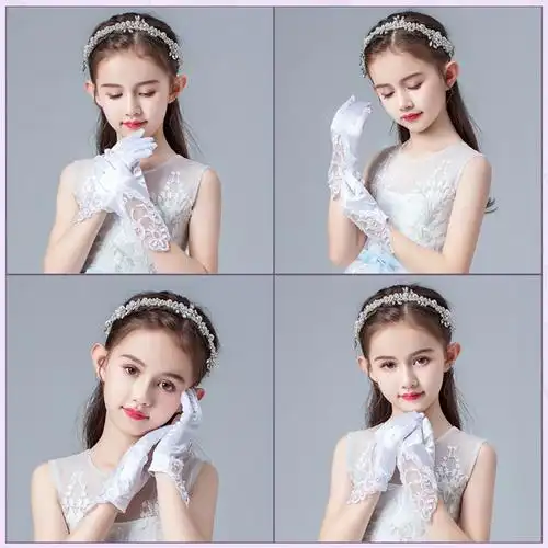 网格弹力款白色4岁以上儿童婚纱礼服手套公主女童女孩演出礼仪舞蹈