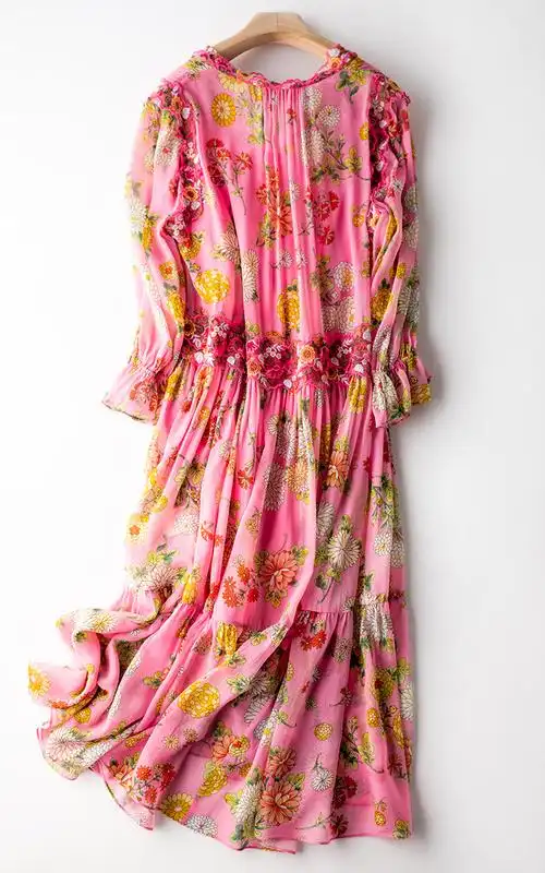 桑蚕蚕丝真丝连衣裙2021新款早春春夏粉色印花连衣裙