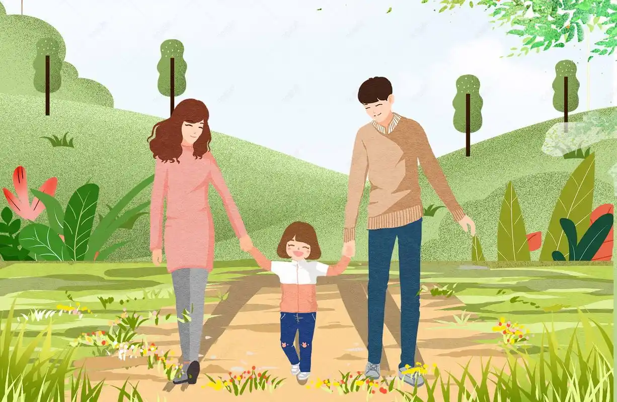 绿色风景卡通手绘一家三口旅行零食海报背景