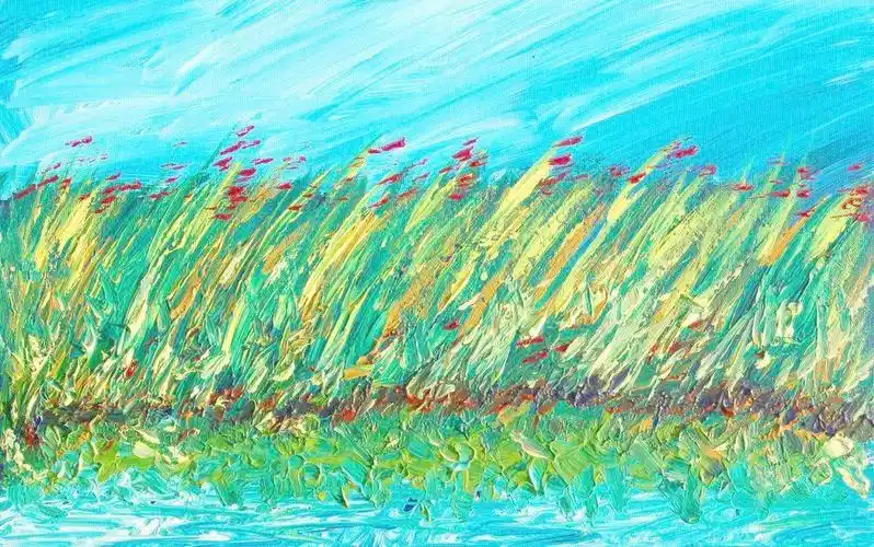 油画 蓝天花丛图片