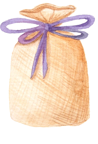 素描手绘系着紫色蝴蝶结的棕黄色小布袋
