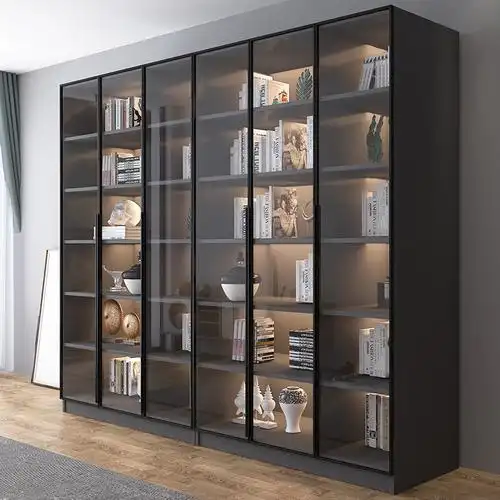 轻奢玻璃门书柜书架靠墙组合书橱落地简约现代家用客厅收纳展示柜