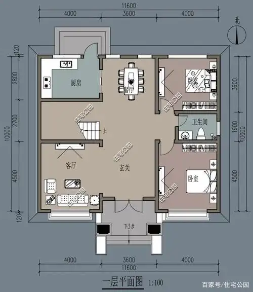 农村建房开间11.5米,深10米,一楼要三个卧室,怎么设计比较好?