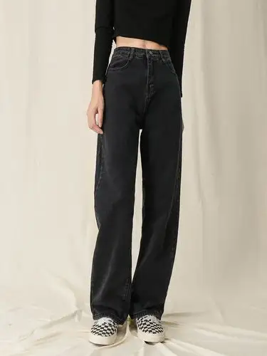 黑色牛仔裤女2020新款秋冬直筒宽松显瘦阔腿高腰垂感拖地加绒裤子