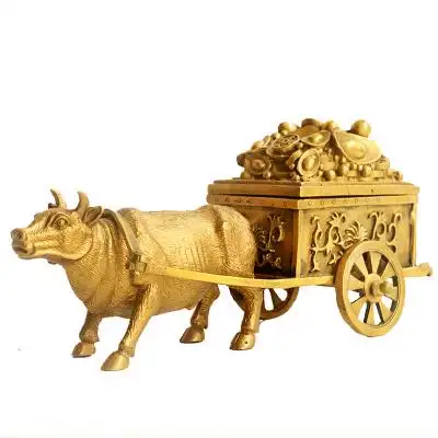 纯铜招财牛拉车摆件牛拉元宝车生肖牛家居办公室风水装饰工艺品
