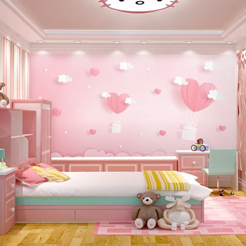 仁聚益女孩床头壁布 儿童房女孩床头壁布卡通背景墙纸粉色卧室墙布