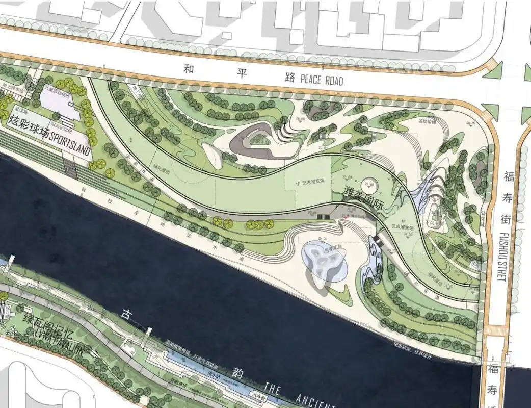 平面图▲鸟瞰图附件3,东关城墙东侧带状绿地公园▲平面图▲通济门