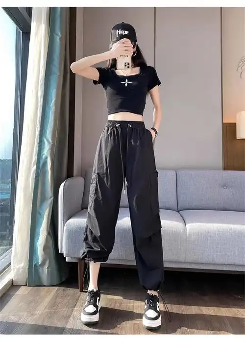 抽绳工装裤女夏季2024新款速干束脚裤休闲小个子阔腿运动裤 - 17网