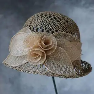 夏季新款女式复古优雅渔夫草帽卷边镂空盆帽旅游小檐帽装饰帽春秋