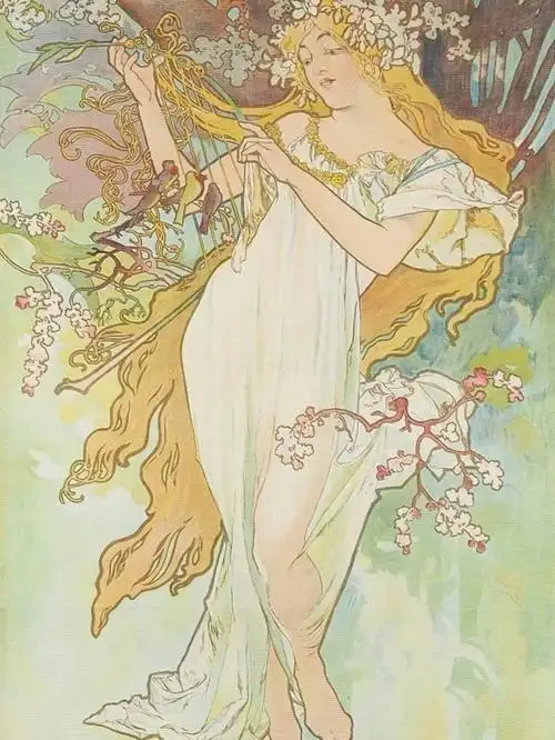 穆夏四季1896年亚麻布石版印刷